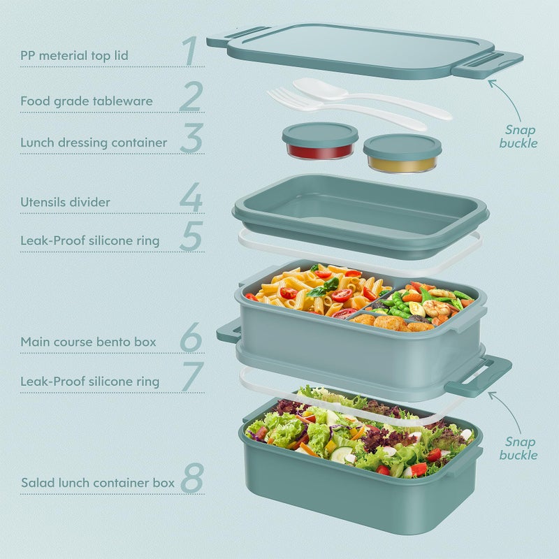 Jelife Bento Box Adult Lunch Box - 72oz Stackable Bento Lunch Box for Adults, 3 Layers All-in-One Large Bento Box Leak-Proof Lunchbox with Utensil Sauce Dressing Containers for Dining Out,Work, Green - Image 5