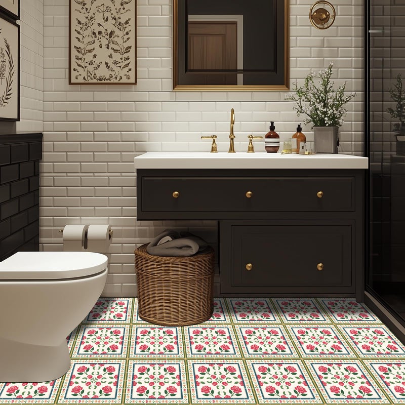 HOMETITUTE 10PCS 12x12 Inch Red Rose Pattern with Colorful Border Floor Tiles Peel and Stick Removable Self Adhesive DIY Vinyl Flooring Stickers for Kitchen Bathroom Living Room Entryway Home Decor - Image 4
