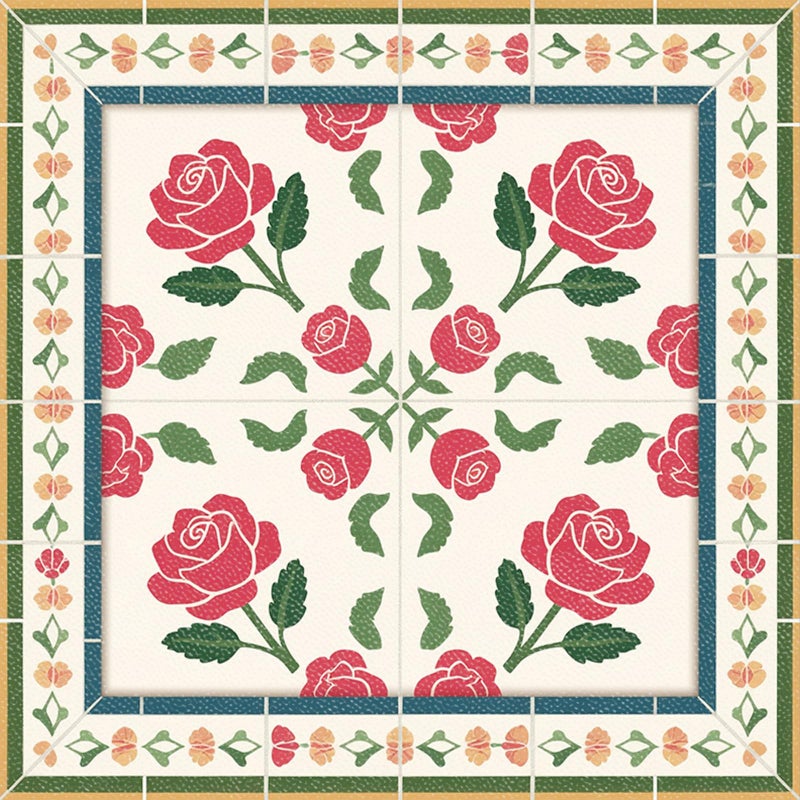 HOMETITUTE 10PCS 12x12 Inch Red Rose Pattern with Colorful Border Floor Tiles Peel and Stick Removable Self Adhesive DIY Vinyl Flooring Stickers for Kitchen Bathroom Living Room Entryway Home Decor - Image 1