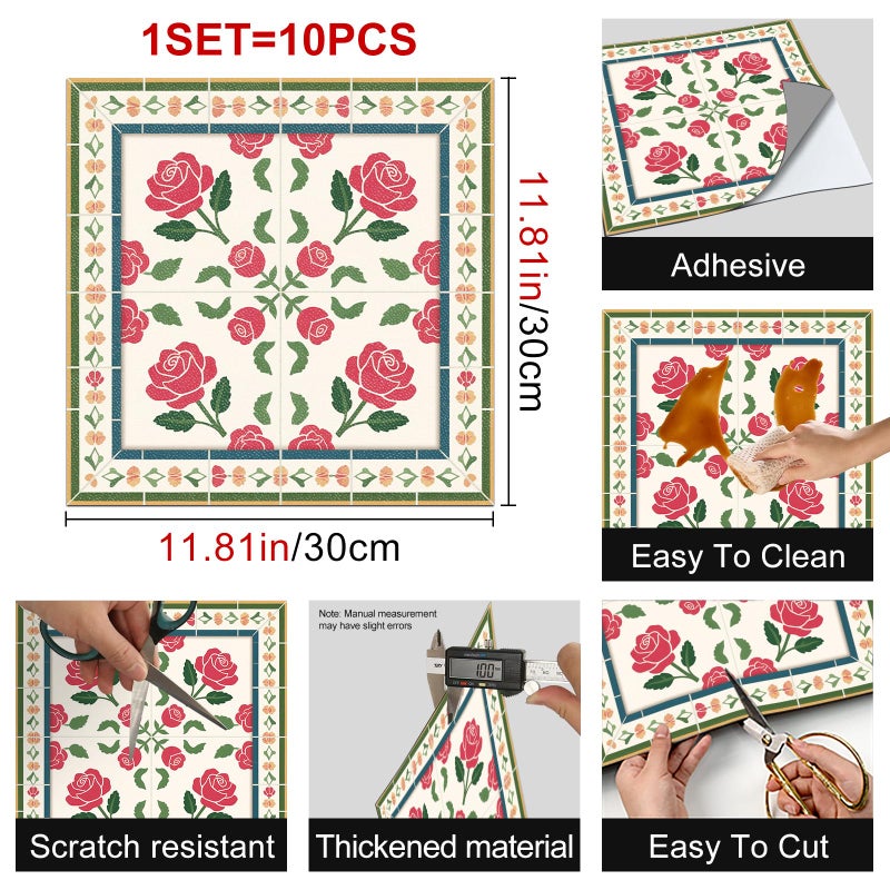 HOMETITUTE 10PCS 12x12 Inch Red Rose Pattern with Colorful Border Floor Tiles Peel and Stick Removable Self Adhesive DIY Vinyl Flooring Stickers for Kitchen Bathroom Living Room Entryway Home Decor - Image 3