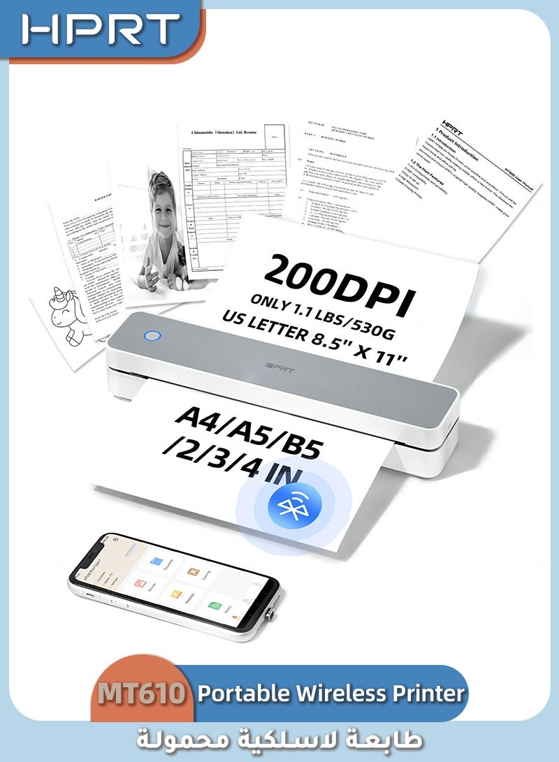 HPRT MT610 Portable Thermal Printer, A4 Bluetooth Printer, 203 DPI Inkless Printer with USB Type-C, for iOS, Android, Windows and macOS, Documents, Study and Mobile Office (29.5 × 8.2 × 7.2 cm) - Image 1