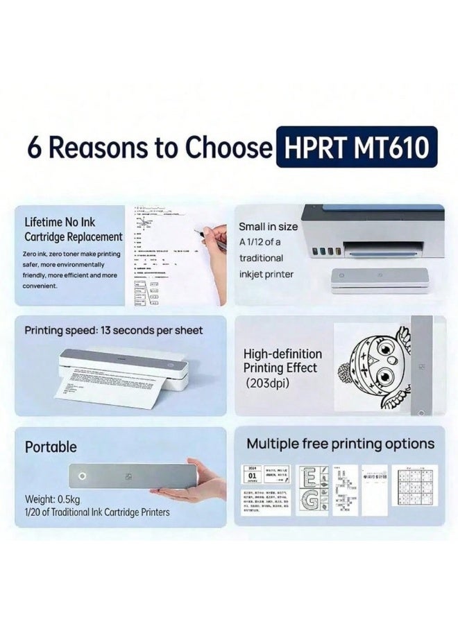 HPRT MT610 Portable Thermal Printer, A4 Bluetooth Printer, 203 DPI Inkless Printer with USB Type-C, for iOS, Android, Windows and macOS, Documents, Study and Mobile Office (29.5 × 8.2 × 7.2 cm) - Image 3