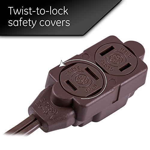 GE 3-Outlet Extension Cord with Multiple Outlets 9 Ft Power Strip 2 Prong 16 Gauge Twist-to-Close Safety Covers Outdoor Extender UL Listed Brown 51942 - Image 3