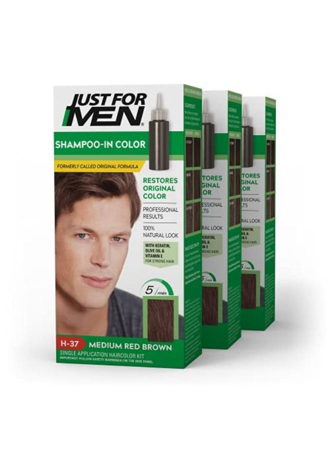 Just For Men شامبو ملون (التركيبة الأصلية سابقًا)، صبغة الشعر الرمادي للرجال، بالكيراتين وفيتامين إي لشعر أقوى - بني أحمر متوسط، H-37، عبوة من 3 قطع (قد تختلف العبوة)  - Image 1