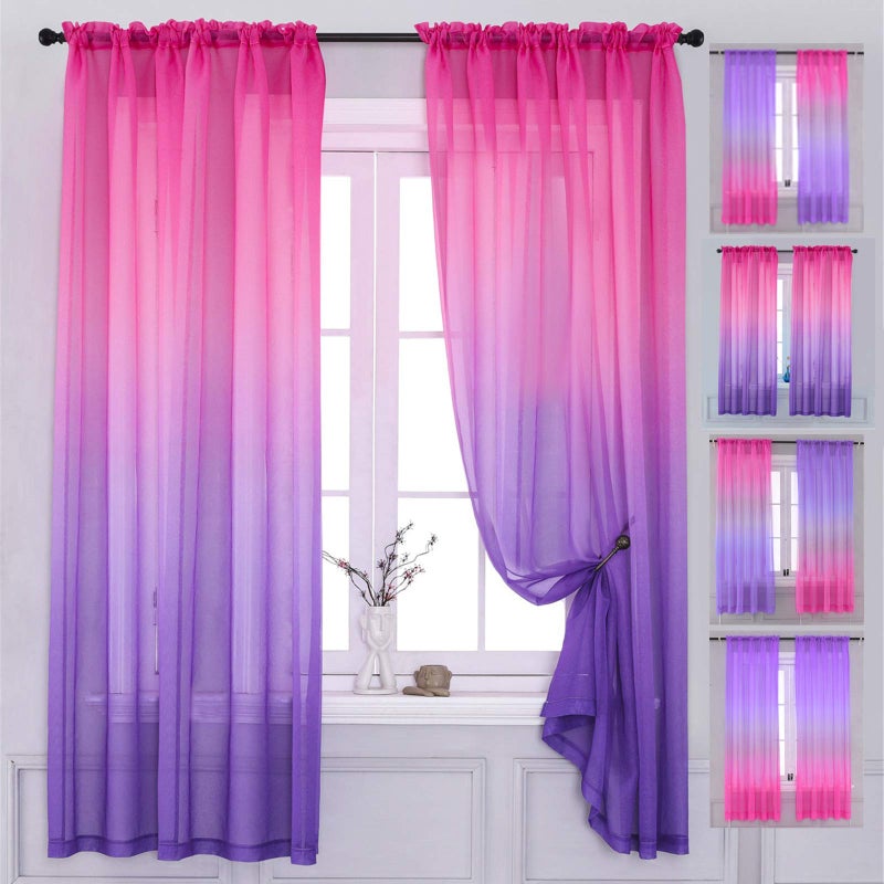 Yancorp Yancorp 2 Panel Sets Bedroom Curtains 63 inch Length Sheer Curtain Pink Purple Ombre Curtains Rod Pocket Drapes for Girls Living Room Mermaid Bedroom Nursery Kid Window DecorPink Purple 40x63 