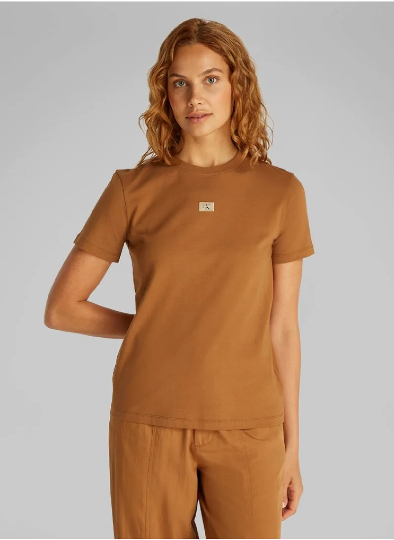 Calvin Klein Jeans Women's Woven Label Regular Fit T-Shirt - Cotton, Brown