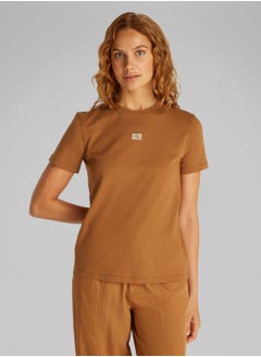 Calvin Klein Jeans Women's Woven Label Regular Fit T-Shirt - Cotton, Brown  - Image 1