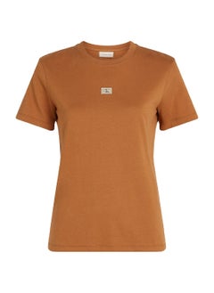 Calvin Klein Jeans Women's Woven Label Regular Fit T-Shirt - Cotton, Brown  - Image 2