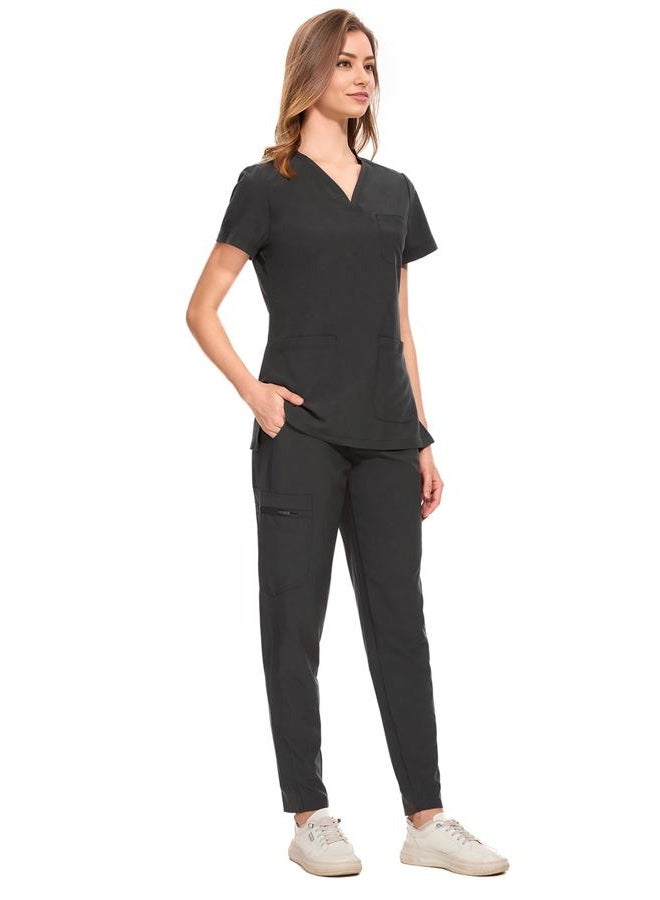 COZYFIT Medical Scrubs for Women Set - Curved V-Neck Scrub Top & Jogger Pants with 8 Pockets - Dark Grey, S - Image 3