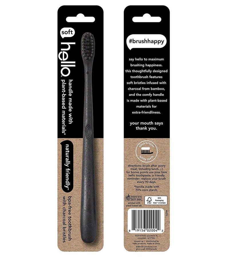 Hello Charcoal Infused Soft Bristle Toothbrush, Black, BPA Free, Vegan, Plant Based Handle, 1 Count (Pack of 6) - Image 3