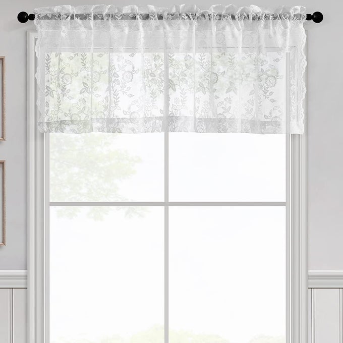 WHITE LACE VALANCE CURTAIN FOR WINDOWS SHORT CAFE CURTAIN 18 INCH LENGTH FOR SMALL WINDOWS ROD POCKET VINTAGE FLORAL LACE SHEER KITCHEN WINDOW VALANCE 52 X 18 INCH 1 PANEL WHITE