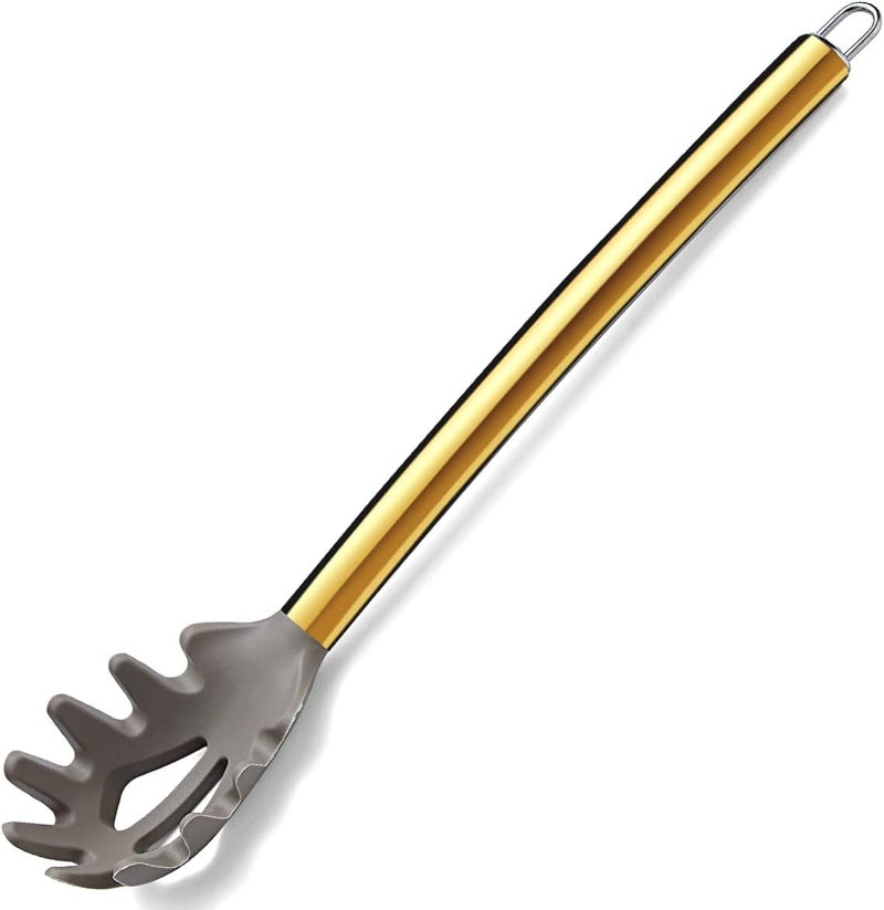 Berglander Gold Spaghetti Spoon, Non-stick Silicone Pasta Server With Titanium Gold Plating Handle, Spaghetti Server For Cooking, Pasta Fork, Noddle Fork, Dishwasher Safe, Easy to Clean - Image 1