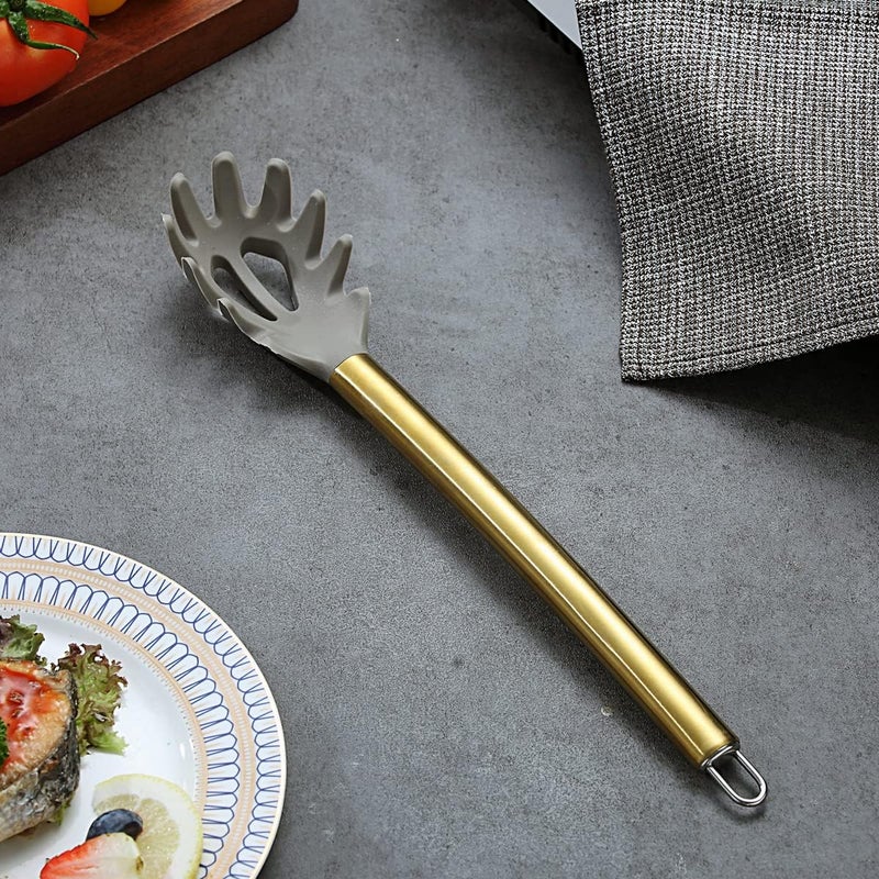 Berglander Gold Spaghetti Spoon, Non-stick Silicone Pasta Server With Titanium Gold Plating Handle, Spaghetti Server For Cooking, Pasta Fork, Noddle Fork, Dishwasher Safe, Easy to Clean - Image 2