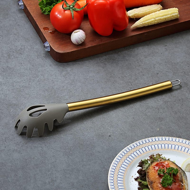 Berglander Gold Spaghetti Spoon, Non-stick Silicone Pasta Server With Titanium Gold Plating Handle, Spaghetti Server For Cooking, Pasta Fork, Noddle Fork, Dishwasher Safe, Easy to Clean - Image 4