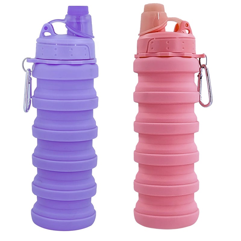 YCTMALL Collapsible Water Bottles Two Pack Travel Sports Portable Sport Bottle comes with mountaineering Buckle 500ml Silicone Water-proof Camping Bottle (Pink and Purple Color) - Image 1