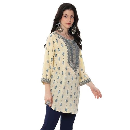 Biba Women's Beige-Blue Straight Short Kurta - Image 3