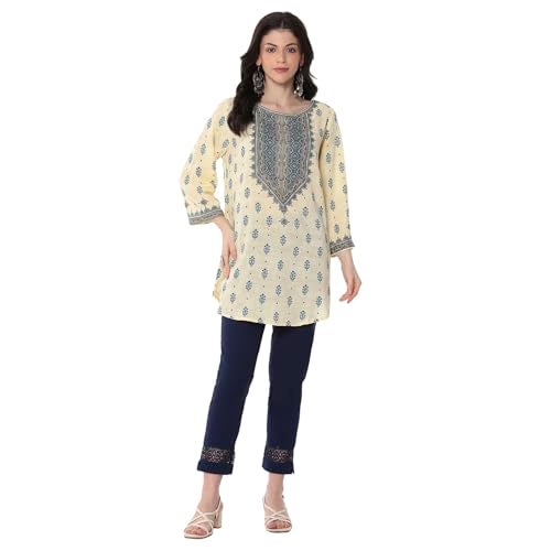 Biba Women's Beige-Blue Straight Short Kurta - Image 5