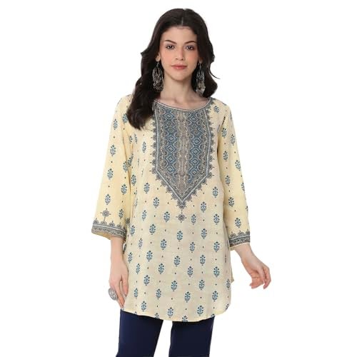 Biba Women's Beige-Blue Straight Short Kurta - Image 1