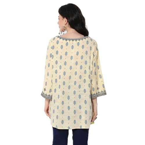 Biba Women's Beige-Blue Straight Short Kurta - Image 4