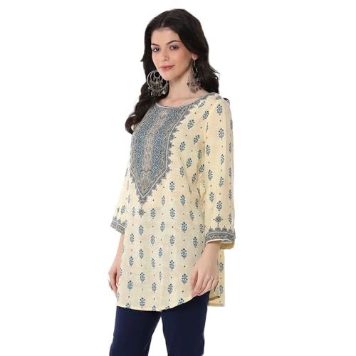 Biba Women's Beige-Blue Straight Short Kurta - Image 2