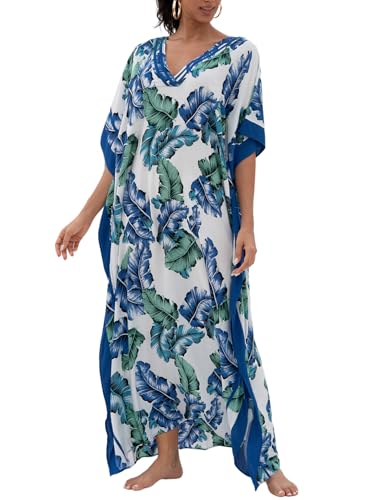 KECVOT Kaftan Dresses for Women V Neck Batwing Sleeve Plus Size Caftans Swimwear Coverups Maxi Beach Dresses Blue Leaf - Image 1