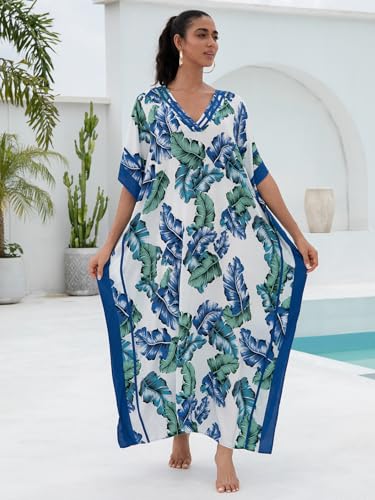 KECVOT Kaftan Dresses for Women V Neck Batwing Sleeve Plus Size Caftans Swimwear Coverups Maxi Beach Dresses Blue Leaf - Image 3
