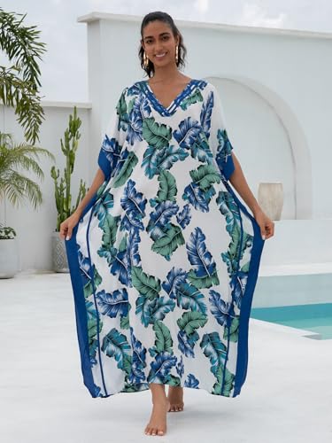 KECVOT Kaftan Dresses for Women V Neck Batwing Sleeve Plus Size Caftans Swimwear Coverups Maxi Beach Dresses Blue Leaf - Image 2