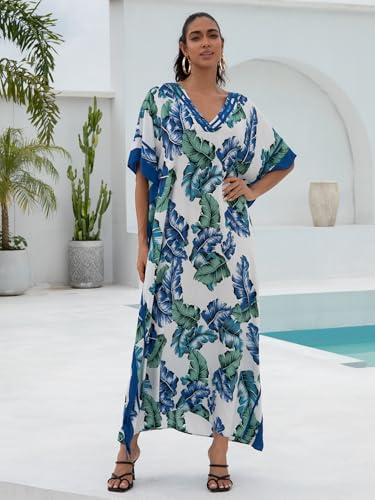 KECVOT Kaftan Dresses for Women V Neck Batwing Sleeve Plus Size Caftans Swimwear Coverups Maxi Beach Dresses Blue Leaf - Image 5