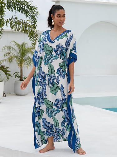 KECVOT Kaftan Dresses for Women V Neck Batwing Sleeve Plus Size Caftans Swimwear Coverups Maxi Beach Dresses Blue Leaf - Image 4