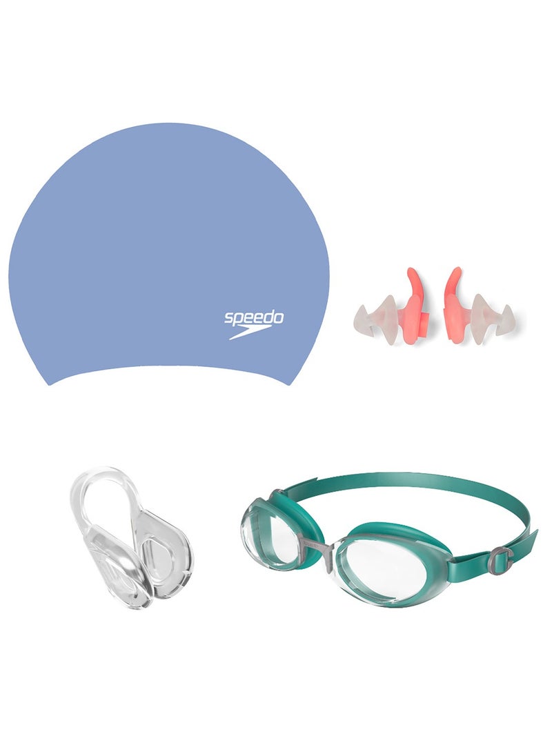 speedo Speedo Unisex Swimming Kit – Includes Goggles, Long Hair Swim Cap, Earplugs, and Nose Clip (One Size Blue) 