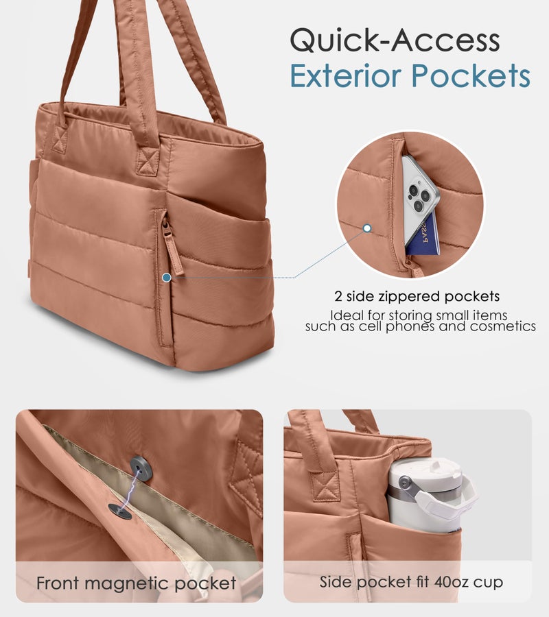 Uselike Tote Bag for Women with Zipper, Quilted Puffer Tote Bag with Compartments, Lightweight Puffy Work Bags for Women Travel (Pecan Brown) - Image 3