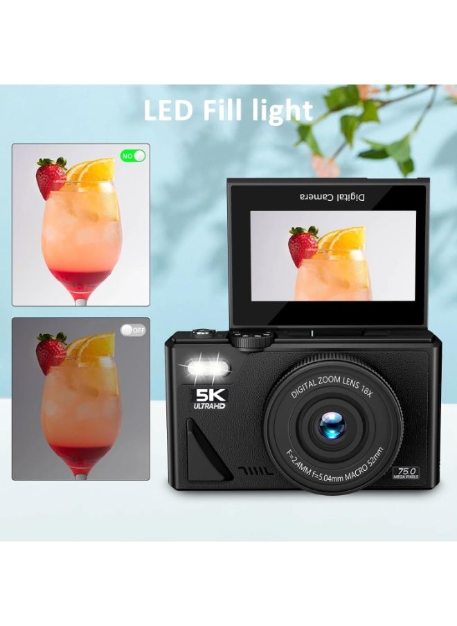 Halamine Digital Camera, 5K Vlog Camera, Kids Camera 75MP Point and Shoot Digital Cameras with 64GB TF Card, 18X Zoom, For Kids Boys Girls (Black)  - Image 3