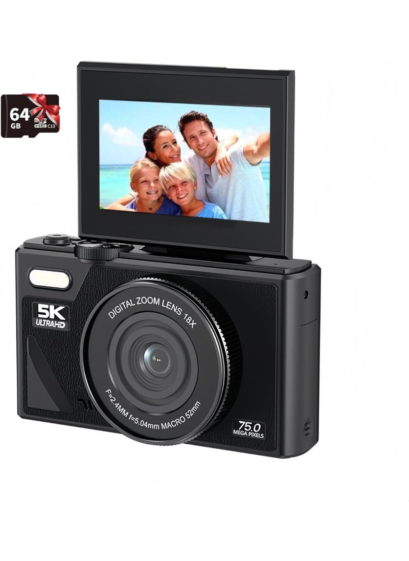 Halamine Digital Camera, 5K Vlog Camera, Kids Camera 75MP Point and Shoot Digital Cameras with 64GB TF Card, 18X Zoom, For Kids Boys Girls (Black)  - Image 1
