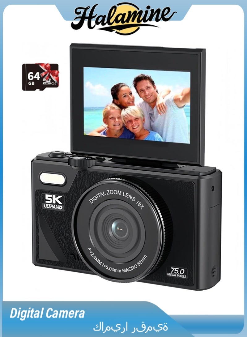 Halamine Digital Camera, 5K Vlog Camera, Kids Camera 75MP Point and Shoot Digital Cameras with 64GB TF Card, 18X Zoom, For Kids Boys Girls (Black) - Image 1