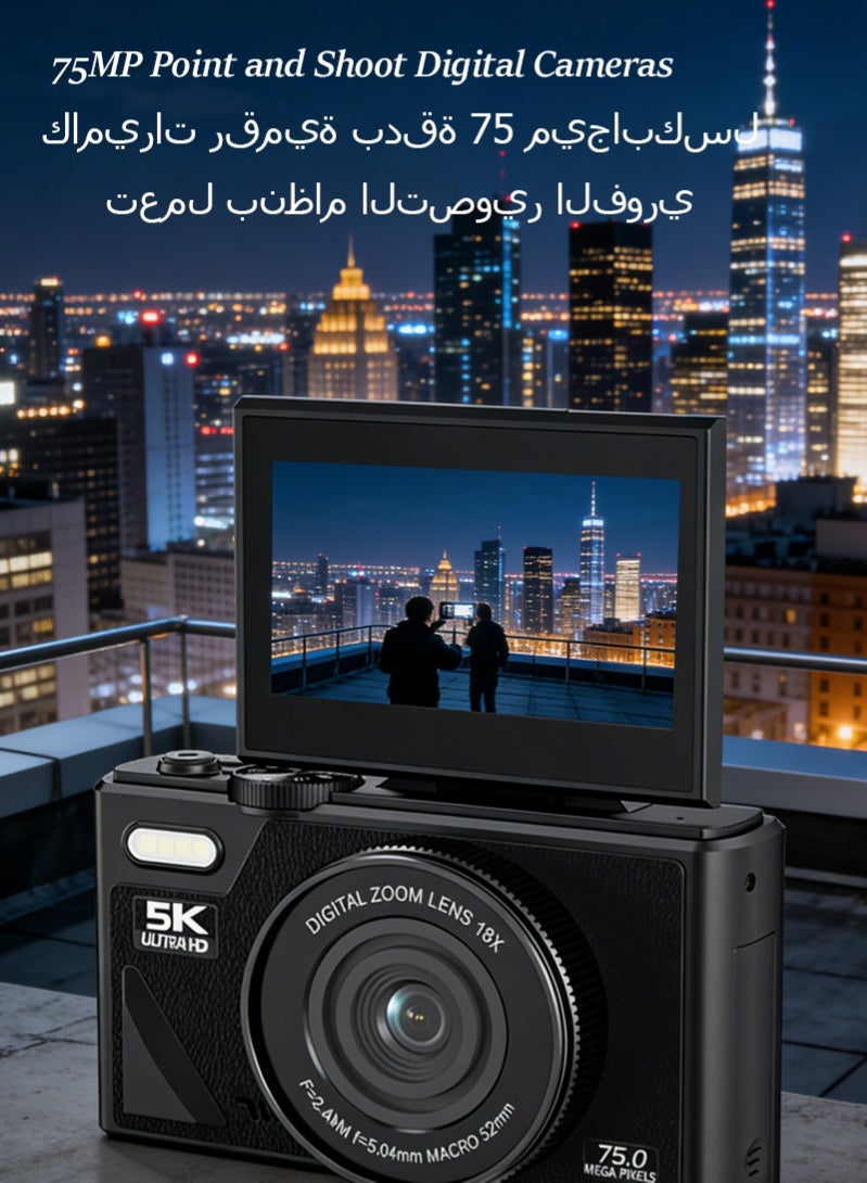 Halamine Digital Camera, 5K Vlog Camera, Kids Camera 75MP Point and Shoot Digital Cameras with 64GB TF Card, 18X Zoom, For Kids Boys Girls (Black) - Image 3