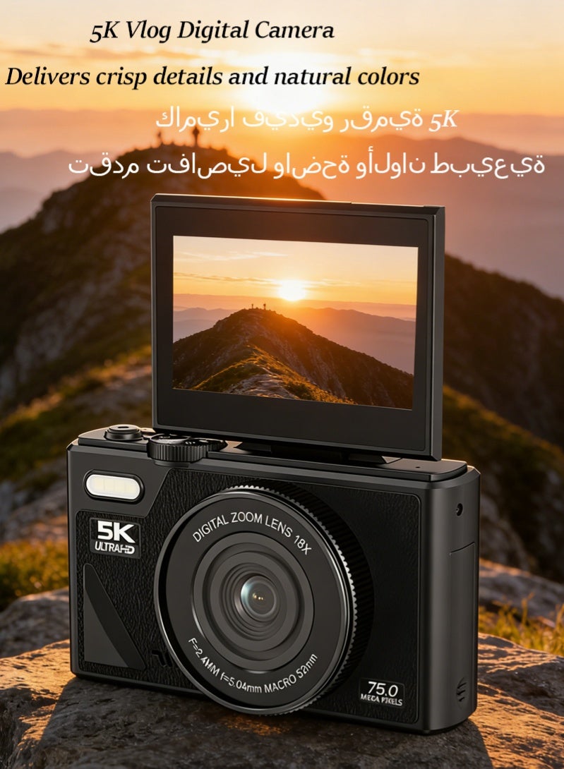 Halamine Digital Camera, 5K Vlog Camera, Kids Camera 75MP Point and Shoot Digital Cameras with 64GB TF Card, 18X Zoom, For Kids Boys Girls (Black) - Image 2