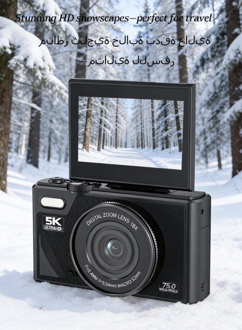 Halamine Digital Camera, 5K Vlog Camera, Kids Camera 75MP Point and Shoot Digital Cameras with 64GB TF Card, 18X Zoom, For Kids Boys Girls (Black) - Image 4