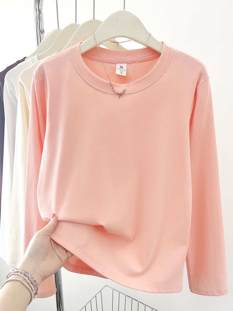 Korean version of full-shoulder round-neck long-sleeved T-shirt for women's fashion and versatile early autumn new student inner layer top - Image 1