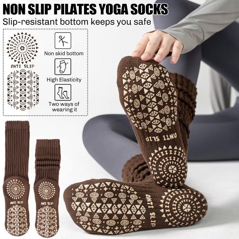 Sandsuced Pilates Grip Slouchy Yoga Socks Winter Warm Cozy Scrunch Boot Grippy Crew Slipper Socks 4 Pairs for Women Gift Stocking Stuffers(Black/Dark khaki/Light khaki/Beige,M) - Image 5