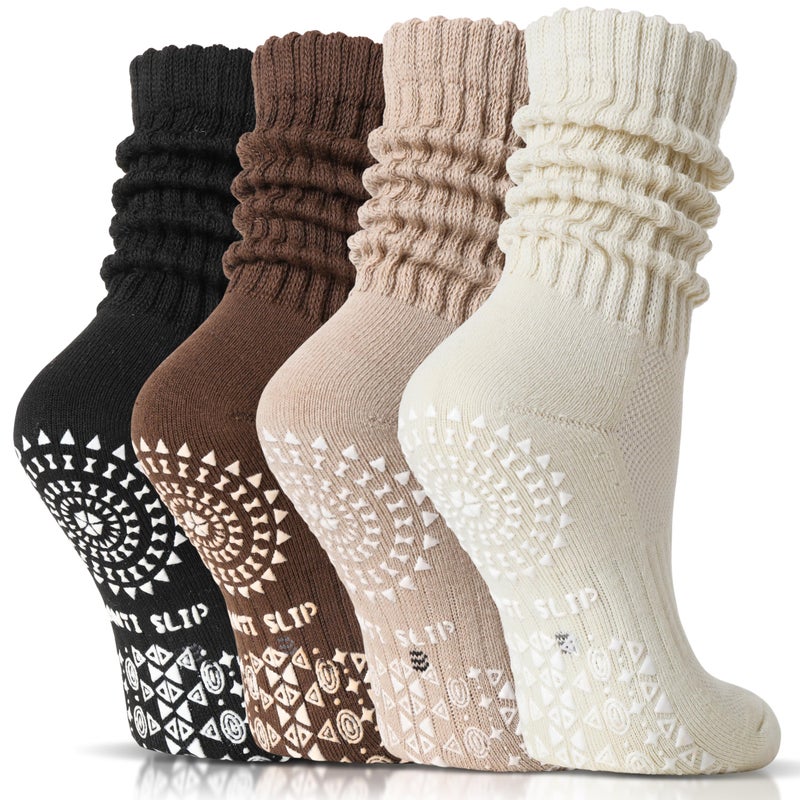Sandsuced Pilates Grip Slouchy Yoga Socks Winter Warm Cozy Scrunch Boot Grippy Crew Slipper Socks 4 Pairs for Women Gift Stocking Stuffers(Black/Dark khaki/Light khaki/Beige,M) - Image 1