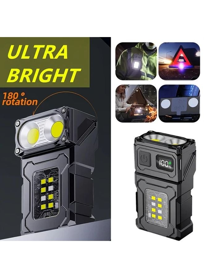 Black Mini COB LED Flashlight Keychain Light Magnetic Rechargeable Adjustable Angle Torch - Image 2