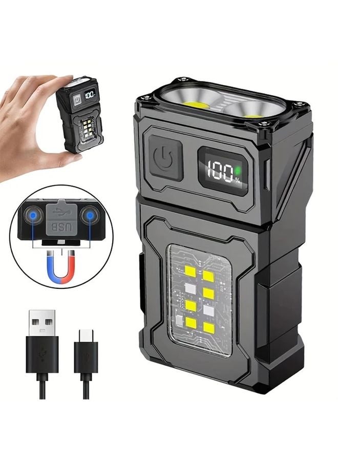 Black Mini COB LED Flashlight Keychain Light Magnetic Rechargeable Adjustable Angle Torch - Image 3