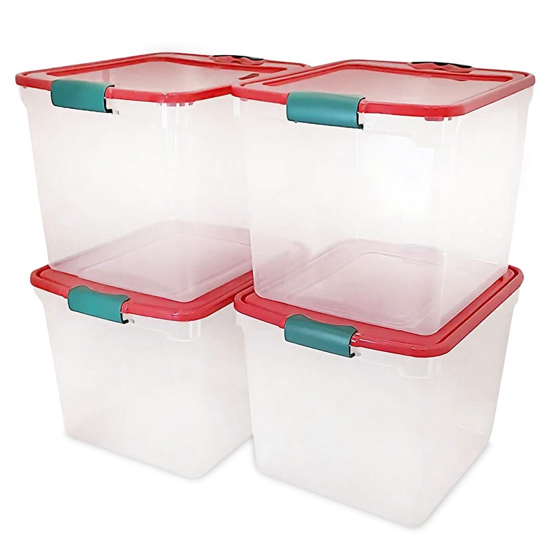 homz HOMZ 4Pack Holiday Tote Plastic Storage Organizer Bins with Lids 31 Quart ClearRed  Stackable Organizing Containers for Home Garage and Office 