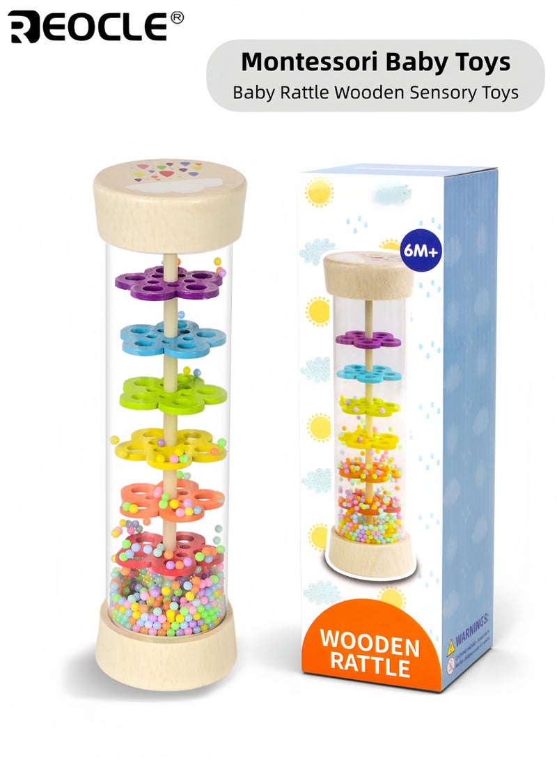 ريوكل لعبة عصا المطر الحسية للأطفال بتصميم صانع المطر الخشبي وخشخيشة الأطفال المميزة بمونتيسوري مع صوت موسيقي لتنمية السمع لدى الرضع - Image 1