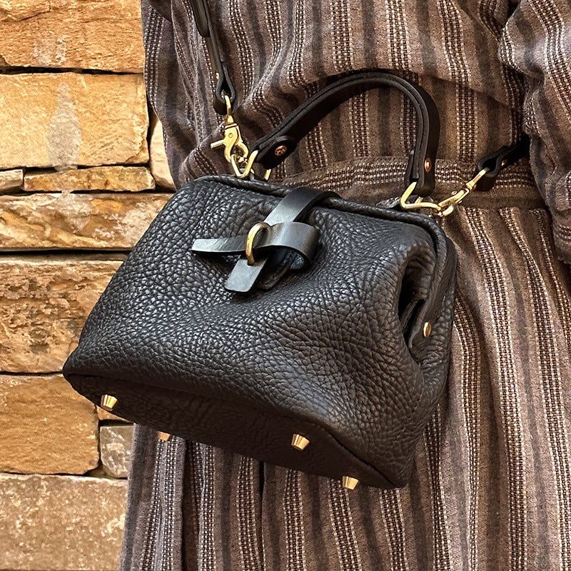 Blue Flag Plaid Handmade Vintage Shrink Pattern Cowhide Original Commuter Large Capacity National Style Shoulder Crossbody Hand Carrying Doctor Bag - Image 5