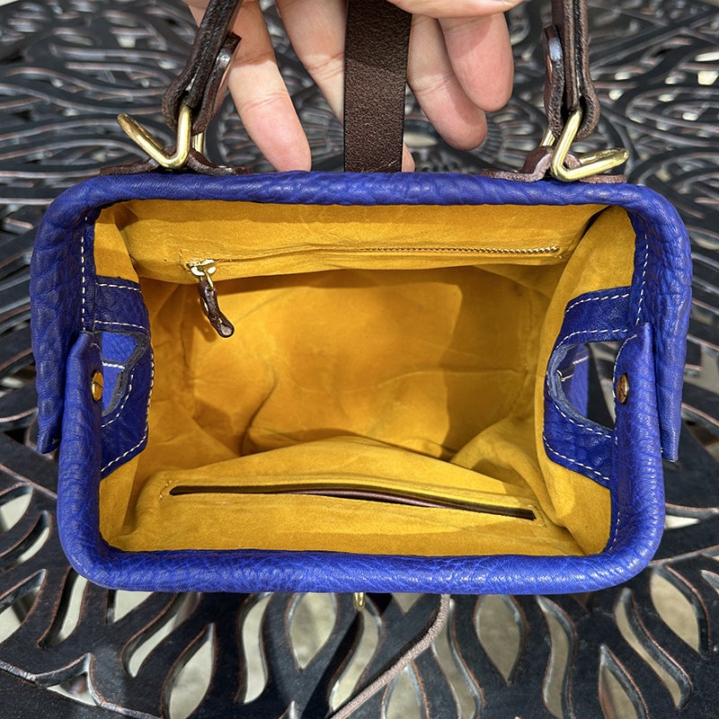 Blue Flag Plaid Handmade Vintage Shrink Pattern Cowhide Original Commuter Large Capacity National Style Shoulder Crossbody Hand Carrying Doctor Bag - Image 4