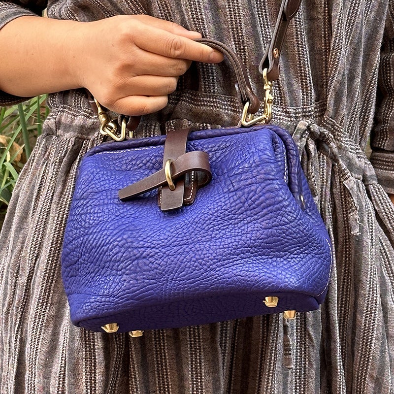 Blue Flag Plaid Handmade Vintage Shrink Pattern Cowhide Original Commuter Large Capacity National Style Shoulder Crossbody Hand Carrying Doctor Bag - Image 2