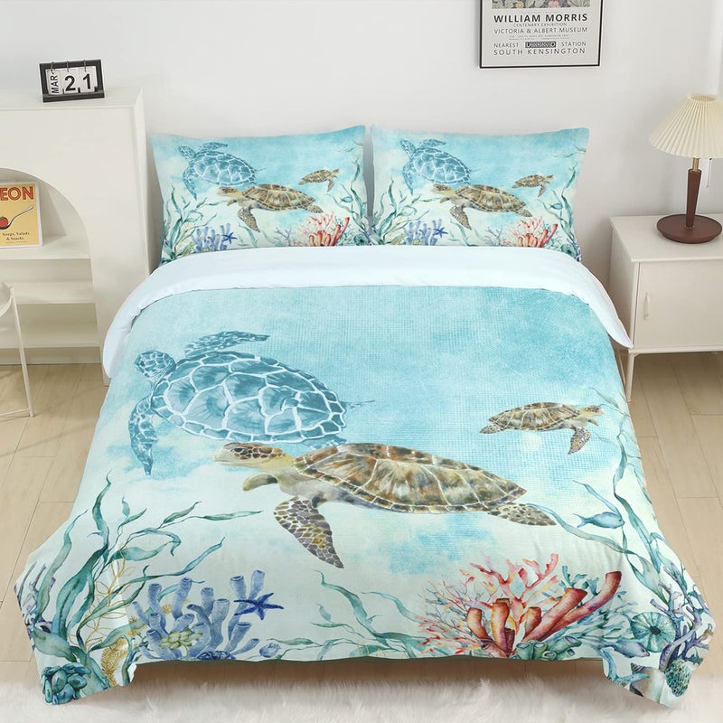 CVHOUSE Sea Turtle Duvet Cover Queen SizeOcean Watercolor Bedding Set for Kids TeensBeach Comforter Cover1 2 Pillowcases 3 Piece Queen 89x89