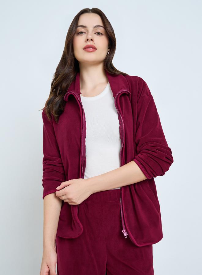 Styli Burgundy Solid Fleece Jacket and Pants Co-Ords - Image 2