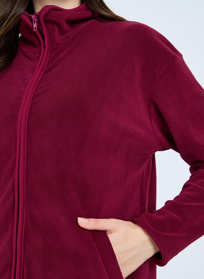 Styli Burgundy Solid Fleece Jacket and Pants Co-Ords - Image 4